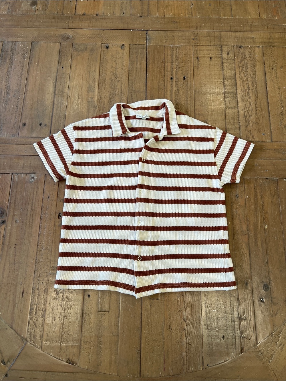Bebe organic tan brown striped waffle knit short sleeve snap front top 8 years